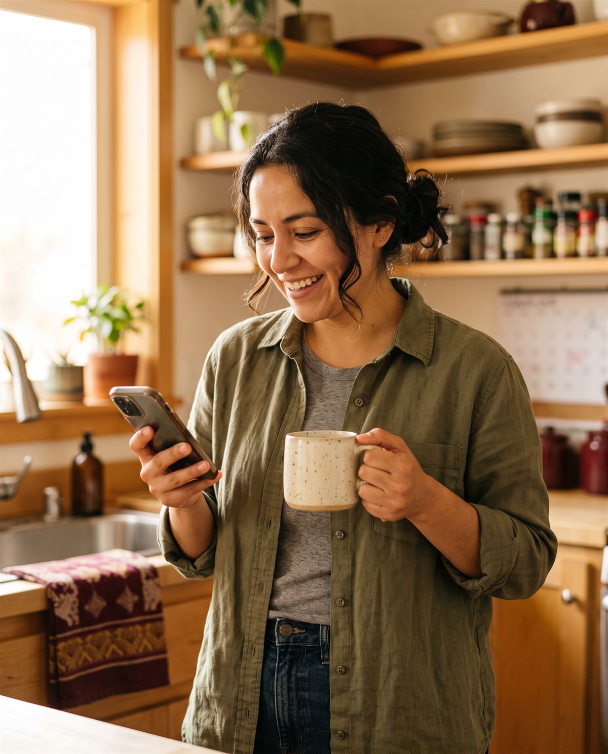 Una paciente en su cocina sonríe al leer en su celular que se liberó un horario para su cita