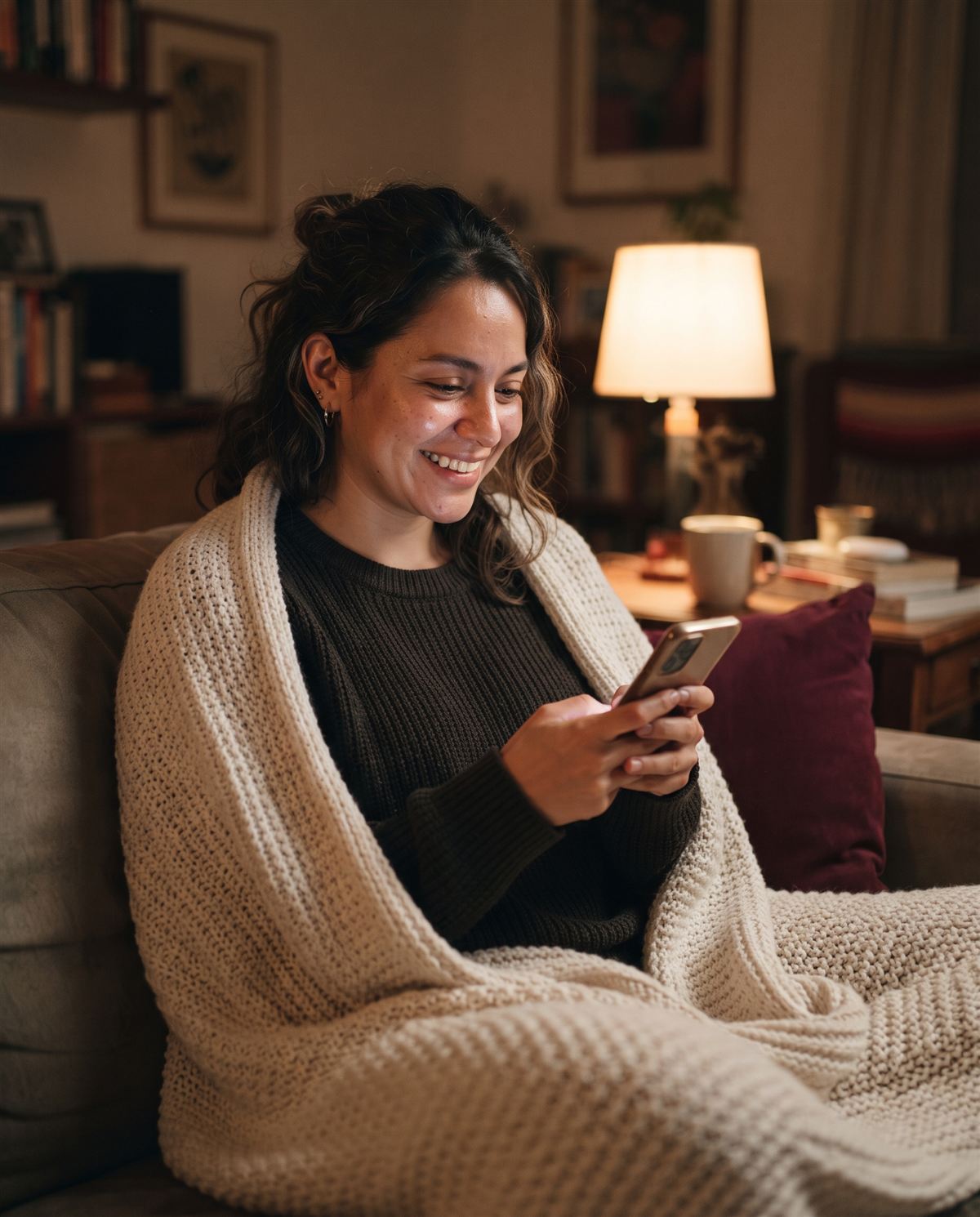 Una paciente en su casa de noche, sonriendo al leer la respuesta de la clínica en su celular
