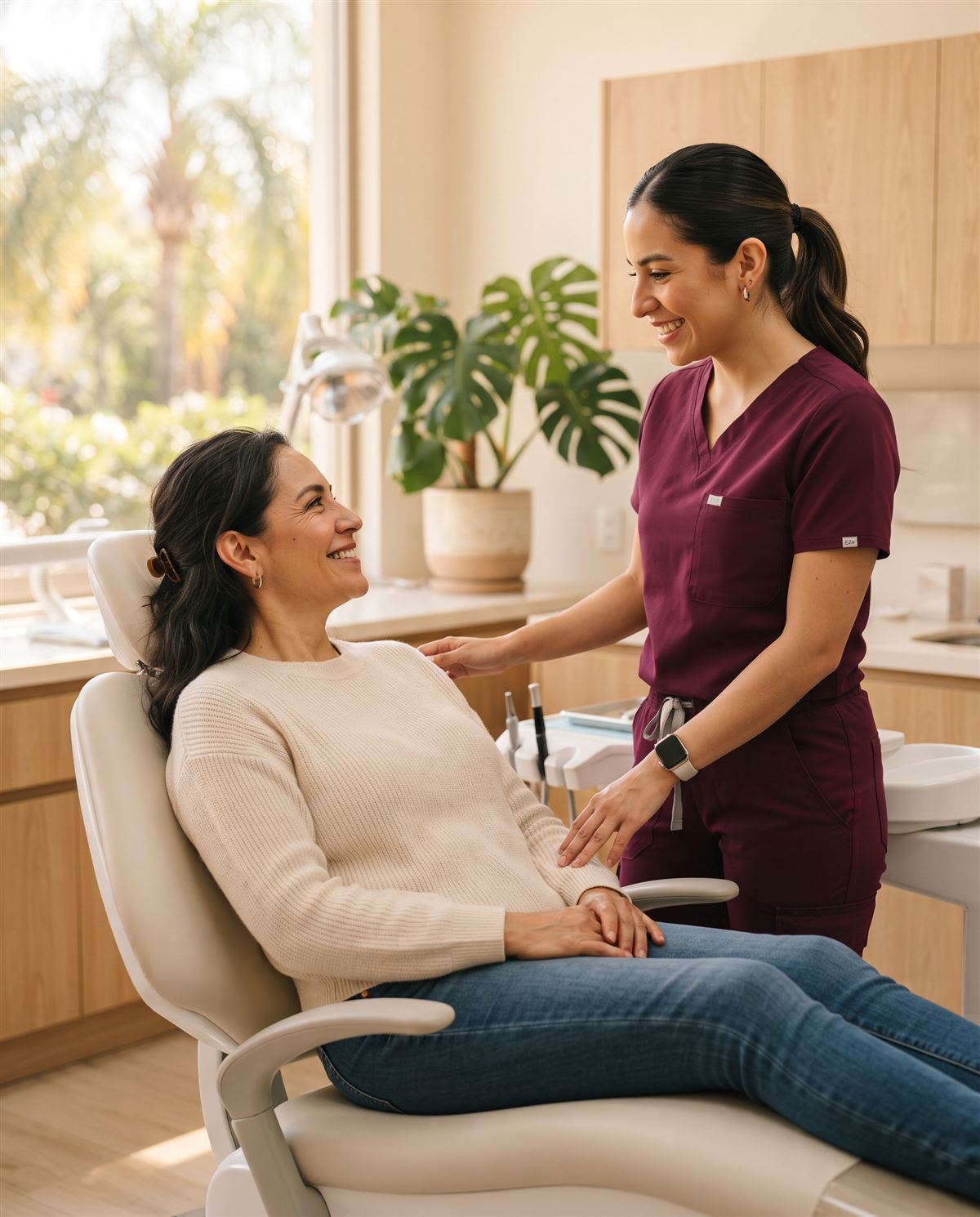 Una dentista platica con su paciente en el sillón dental